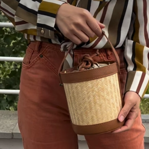Leather & Bamboo Bucket Bag