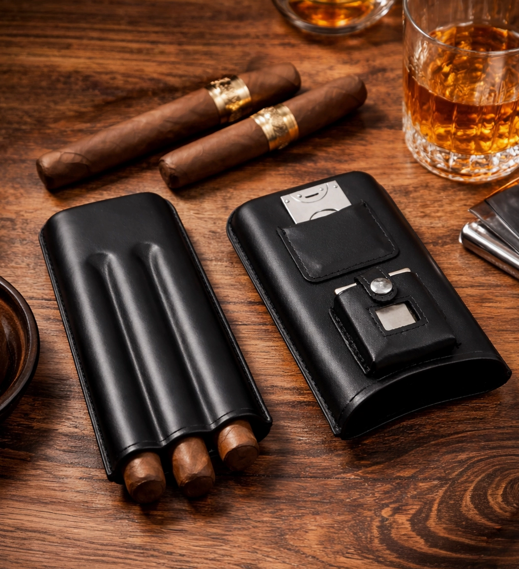 Cigar Holder with Cutter and Lighter -  Black
